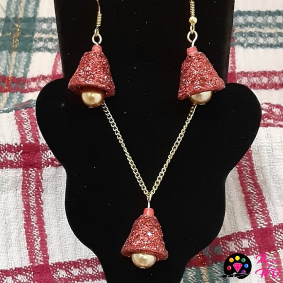 Festive Elegance: Red & Gold Christmas Bell Handmade Necklace and Earrings Set - Picture 1 of 4